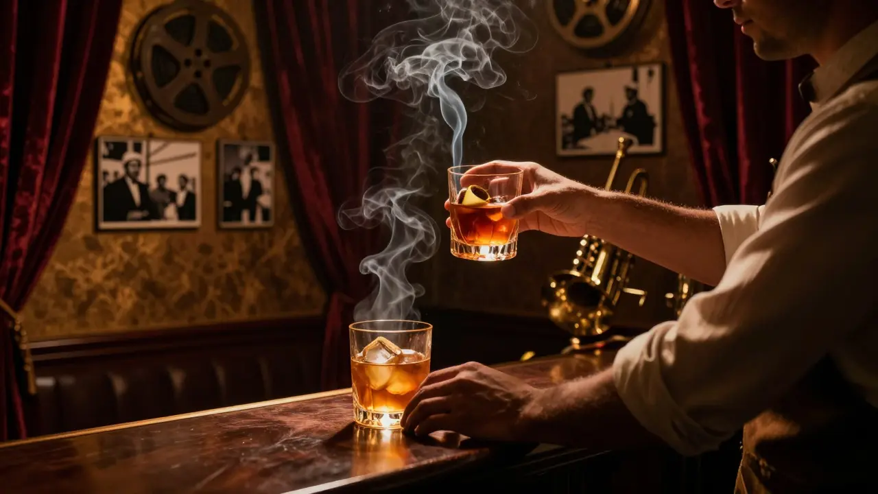 Hidden speakeasy with velvet curtains and smoky cocktail under a glass cloche, bathed in warm amber light.