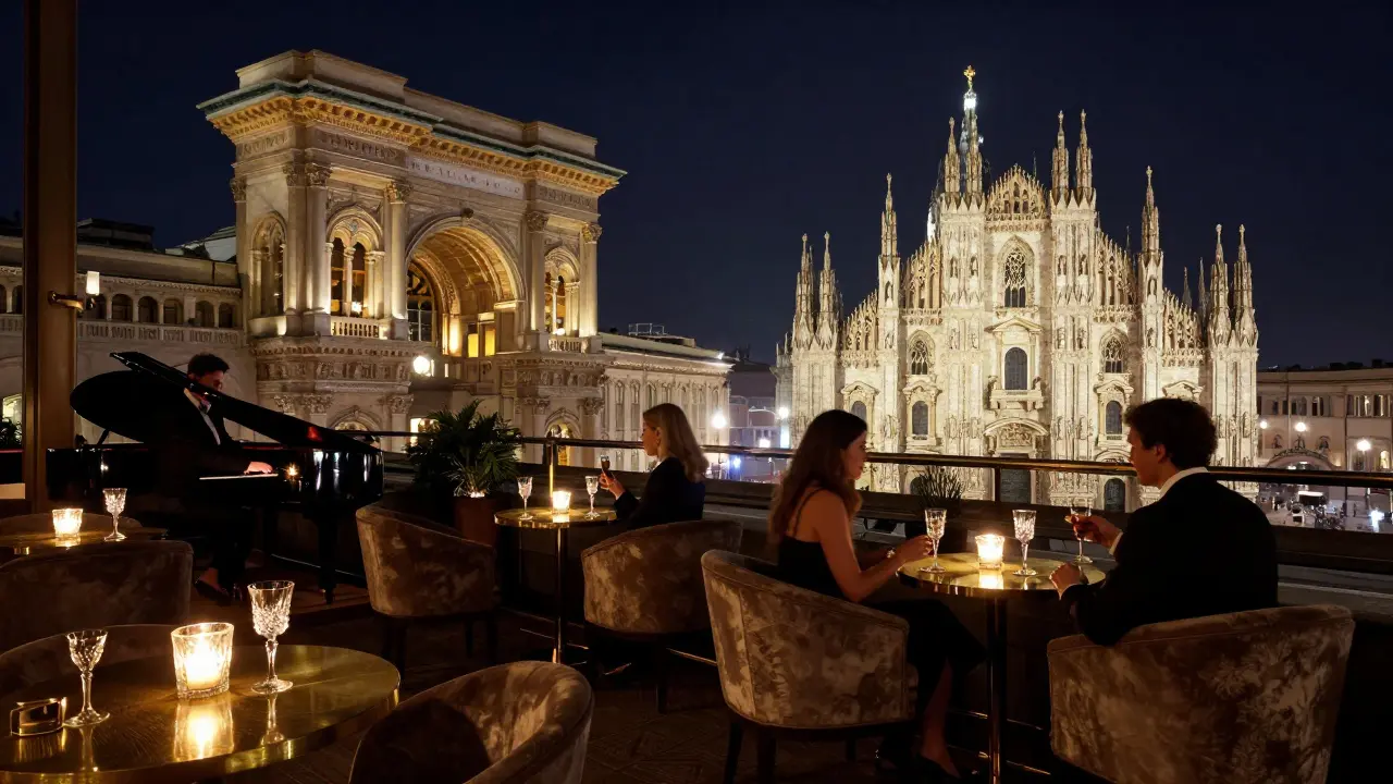 Luxurious rooftop bar with candlelight, champagne, and a jazz pianist overlooking historic Milan.