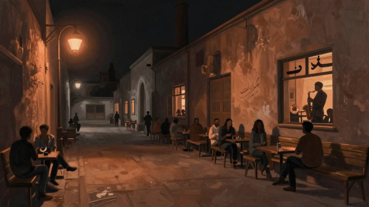 Quiet, artsy alleyway in Alserkal Avenue at night with warm lighting, people listening to live jazz in a converted warehouse.