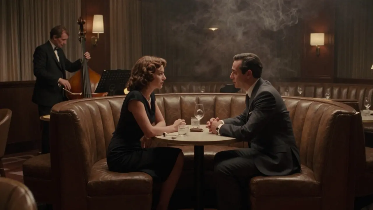 Two individuals in elegant attire converse in a hushed members-only club, no faces fully visible.