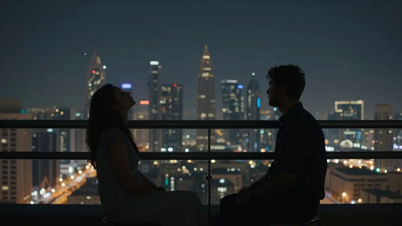 Two silhouettes on a balcony at night, sharing silent companionship under the stars, city lights glowing in the distance.